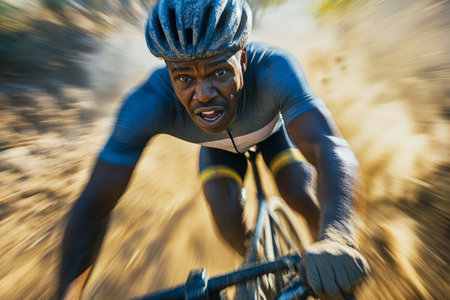 A senior African American cyclist speeding on a gravel bike, hands gripping the handlebars, dust and gravel flying behind, the scenery around blurred as the motion intensifies.の素材