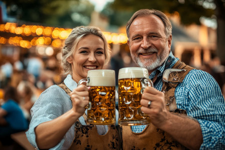 A middle-aged Caucasian man and woman in Oktoberfest outfits, clinking their beer mugs, with a background of a lively beer garden and traditional Bavarian music.の素材