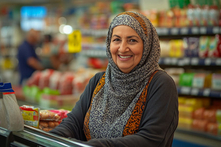 A senior Arabian female cashier, with a warm smile, stands at her checkout station in a busy supermarket. The background showcases an array of products and happy shoppers, emphasizing her welcoming nature and friendly service.の素材