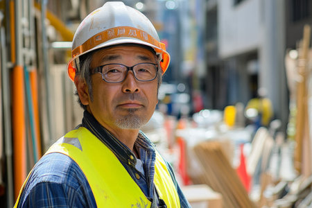 A middle-aged Japanese construction worker, skillfully handling tools and materials for a house project while wearing a hard hat and safety vest, surrounded by a busy construction environment.の素材