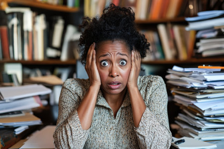 A stressed-out middle-aged African American woman in a blouse, holding her head in shock with wide eyes, surrounded by unfinished work in her home office.の素材