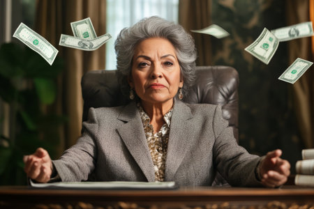 A senior Hispanic woman, dressed in a refined business suit, sits at a desk with flying money. Her wise expression and commanding presence emphasize her experience, set against a luxurious office backdrop.の素材