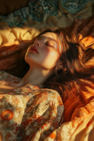 A young Japanese hippie girl lying on a bed with a serene expression, her soft skin kissed by the warm sunset light, flowing fabrics surrounding her, creating a tranquil, dreamlike setting.の素材