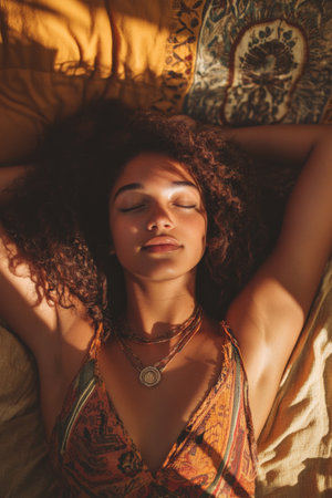 A young Brazilian hippie girl, her skin soft and glowing in the golden light of the sunset, lying on a bed with earth-toned fabrics, a calm smile on her face as she enjoys the moment.の素材