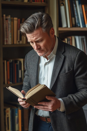 A middle-aged Caucasian man in a sharp blazer, standing by a bookshelf, looking thoughtfully at a book with furrowed brows, capturing a moment of introspection in his stylish office.の素材