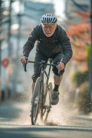 A senior Japanese cyclist rides swiftly on a gravel bike, hands gripping the handlebars, the street below blurred in motion, with dust swirling behind.の素材