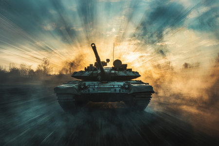 A powerful double-exposure photograph of a tank moving forward, infused with dramatic sun rays that enhance the atmosphere. The interplay of light and motion creates a dynamic and inspiring visual narrative.の素材