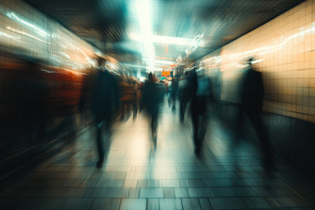 A captivating shot of people moving in different directions within an underground transit area, their figures blurred to convey rapid motion. The urban setting, with its stark lighting and structural elements, adds depth to the dynamic environment.の素材