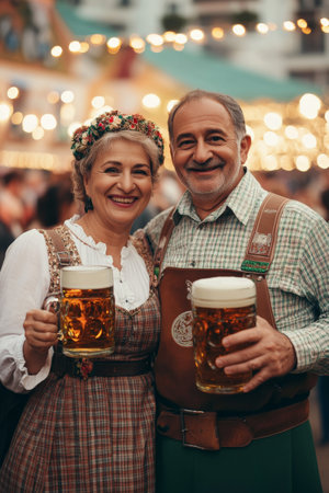 A senior Arabian couple in traditional Bavarian attire, holding their beer steins, enjoying the Oktoberfest celebration in a vibrant beer tent with hanging lights and music.の素材