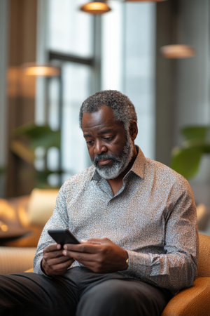 A middle-aged African American man in a semi-formal shirt, sitting in a modern lounge area, thoughtfully staring at his phone, considering important messages he has received.の素材