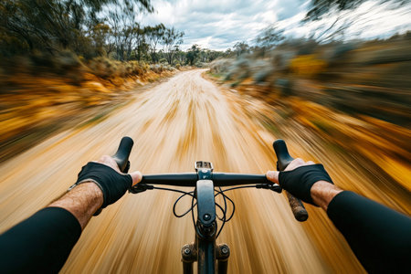 A senior Caucasian cyclist rides swiftly on a gravel bike, gripping the handlebars, street details blurred in the background as the cyclist moves through the landscape at high speed.の素材