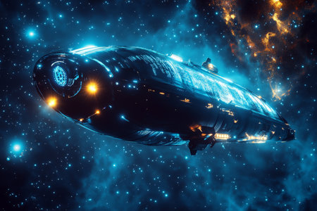 An epic futurecore spacecraft, illuminated by bright LED lights in deep space, sleek holographic panels shimmering along its hull, drifting through a field of distant stars.の素材