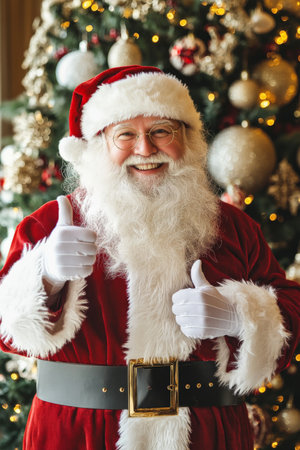 Santa Claus, with rosy cheeks and a cheerful expression, happily giving a thumbs up while standing in front of a beautifully decorated Christmas tree, evoking a warm and festive atmosphere filled with holiday spirit.の素材