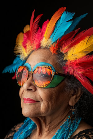 A Brazilian senior woman with vibrant feather designs sweeping across her face, set against a solid black background, showing her confidence and artistic spirit.の素材