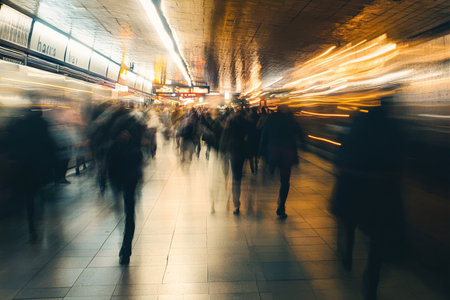 A dynamic scene capturing the blurred motion of people walking through a bustling underground subway station. The flowing movement of commuters contrasts with the stationary architecture urban, creating an energetic atmosphere of city life.の素材