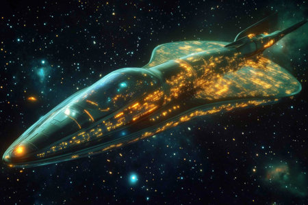 A holographic spacecraft with vivid LED lights glowing across its sleek, translucent hull, cutting through the vast emptiness of space, stars twinkling far away.の素材