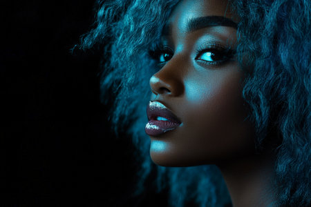 Close-up of a young African American woman with hair styled like rolling ocean waves in shades of aqua and deep blue, against a solid black background. Her impeccable makeup and lighting create a striking contrast.の素材