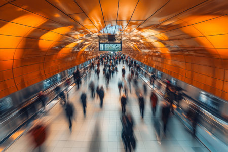 A dynamic scene capturing the blurred motion of people walking through a bustling underground subway station. The flowing movement of commuters contrasts with the stationary architecture urban, creating an energetic atmosphere of city life.の素材