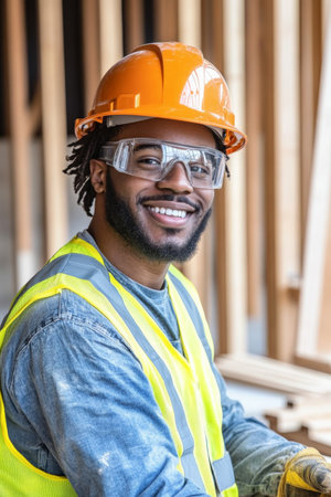 A young adult African American construction worker in a hard hat and safety vest, enthusiastically engaged in assembling structures for a house, with dynamic construction activities happening in the background.の素材