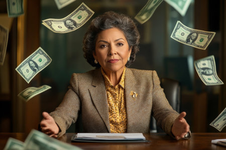 A Hispanic senior woman, dressed in a sophisticated business suit, sits confidently at her desk, surrounded by flying bills. Her experienced expression reflects wisdom and authority in her field, with an upscale office background.の素材