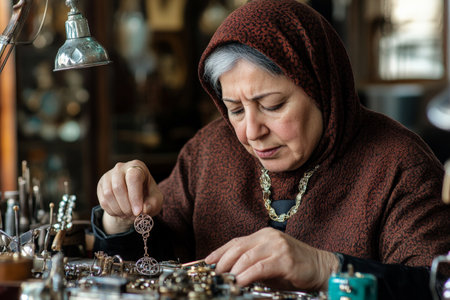 A middle-aged Arabian woman delicately working on a vintage pendant in her immaculate workshop, surrounded by antique jewelry tools and classic pieces, capturing the timeless elegance of her craft.の素材