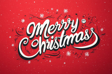 A charming and simple Merry Christmas vector graphic designed in elegant cursive font, centered on a vibrant red background. The whimsical lettering radiates holiday cheer, perfect for festive cards and decorations.の素材