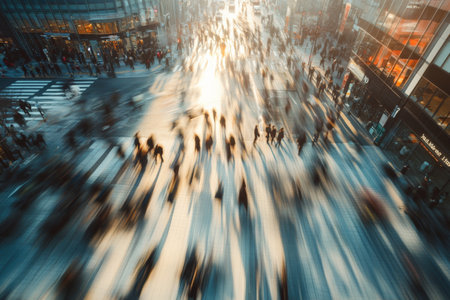 An aerial view of a large business district, with motion blur depicting workers commuting to a prominent office building. The dynamic motion illustrates the daily hustle, creating an engaging representation of urban life.の素材