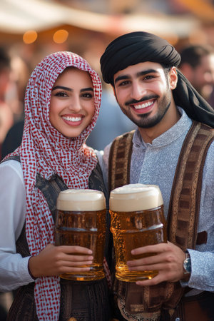 A young adult Arabian couple dressed in Bavarian festival clothing, holding large steins of beer, smiles all around as they join in the Oktoberfest celebrations.の素材