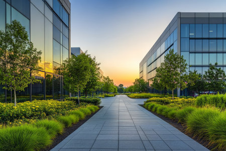A modern office complex featuring reflective glass panels that capture the colors of twilight, nestled in lush, trimmed greenery, with a smooth paved path leading to the entrance.の素材