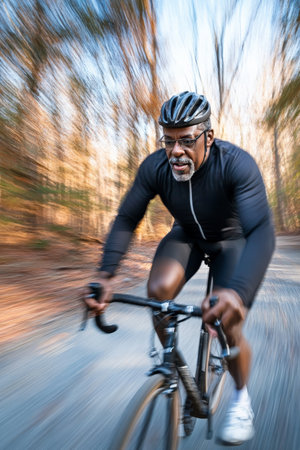 A middle-aged Black cyclist speeding down a rugged gravel road, the bike's tires spitting dirt, hands firmly on the handlebars, motion blur conveying a sense of speed and adrenaline.の素材