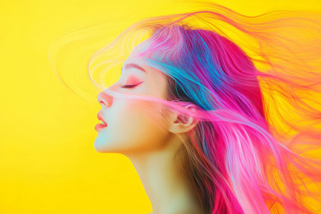 A young Japanese woman with intense, swirling colors flowing around her head against a solid yellow background. The vibrant hues symbolize energy and creativity.の素材