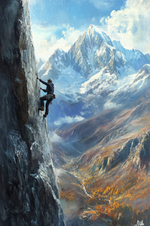 A climber scaling a near-vertical mountain face, the rugged terrain jagged and unforgiving, distant valleys and snow-capped peaks in the background as they push toward the summit.の素材