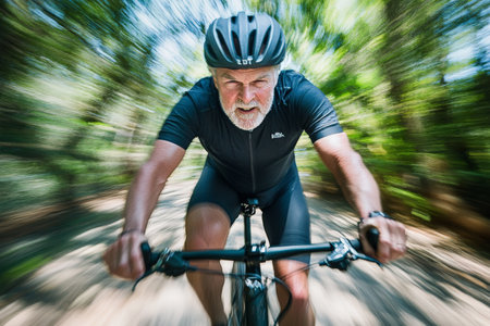 A senior Caucasian cyclist rides swiftly on a gravel bike, gripping the handlebars, street details blurred in the background as the cyclist moves through the landscape at high speed.の素材