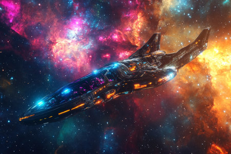 A futuristic spacecraft, holographic in design with glowing LED lights, gliding silently through a space filled with colorful nebulae and shimmering stars.の素材