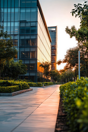 A towering office building with glass windows that reflect the fading evening light, surrounded by clean, manicured greenery and a neatly paved walkway, blending modern design with natural beauty.の素材