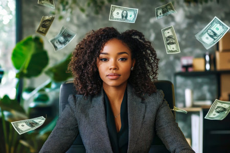 A young adult African American woman in a trendy business suit sits at her desk, with flying money symbolizing success. Her confident expression and professional stance highlight her ambition in a sleek office setting.の素材