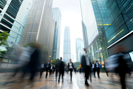A busy urban setting featuring a large corporate building, with motion blur of workers in business attire hurrying to work. The dynamic movement conveys the energy of the city, framed by towering skyscrapers in the background.の素材