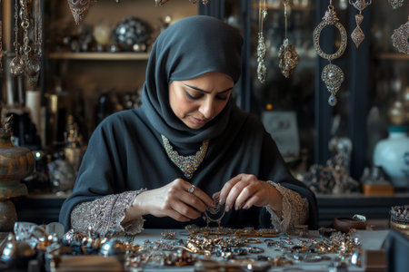 A middle-aged Arabian woman delicately working on a vintage pendant in her immaculate workshop, surrounded by antique jewelry tools and classic pieces, capturing the timeless elegance of her craft.の素材
