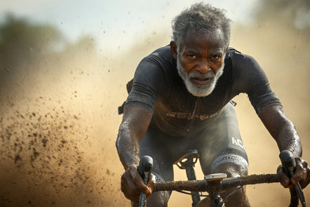 A middle-aged Black cyclist rides a gravel bike, hands gripping the handlebars, wheels kicking up dirt, with the world around blurring from the high-speed motion.の素材
