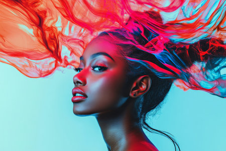 A young Black woman with bold, swirling colors moving around her head against a solid pale blue background, representing creativity and power in a vivid visual display.の素材