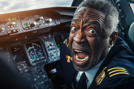 A senior Black pilot making a funny panic face as he navigates through the cockpit, highlighting the unexpected challenges of flying. His expression adds a humorous twist to the aviation scene.の素材