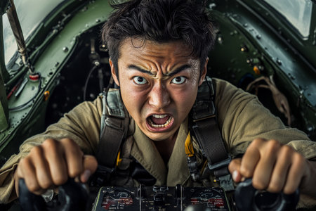 A young Japanese pilot with a funny panic face, gripping the controls tightly in the cockpit. The blend of seriousness and humor in the setting creates a delightful contrast.の素材