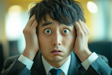 A young adult Japanese man in a tailored suit, looking worried with wide eyes, holding his head in a boardroom filled with tension, contemplating a difficult business decision.の素材