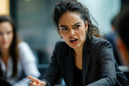 A young Brazilian businesswoman wearing a stylish blazer and dress pants, her angry expression capturing the intensity of a heated discussion in a corporate meeting.の素材