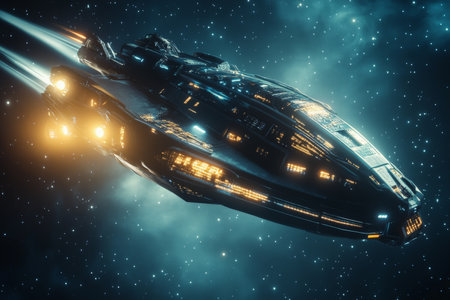 An epic futurecore spacecraft, illuminated by bright LED lights in deep space, sleek holographic panels shimmering along its hull, drifting through a field of distant stars.の素材