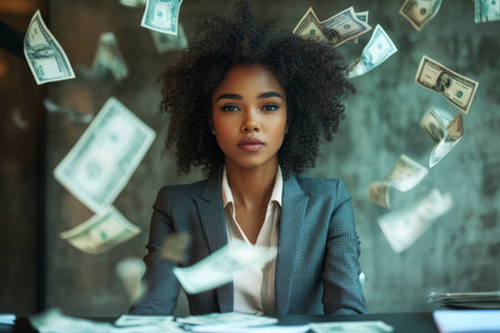 A young adult Black woman in a chic business suit sits at a sleek desk, with bills flying around her. Her focused expression and confident posture highlight her ambition in the corporate world, set against a modern office environment.の素材