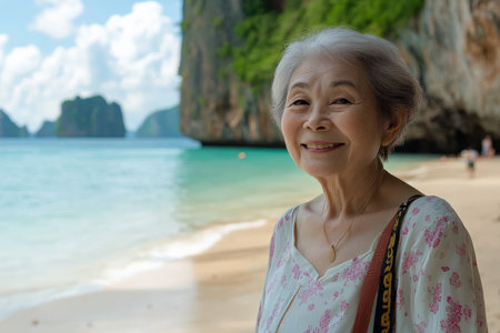 A senior Japanese woman enjoys the warm sands of Krabi, Thailand, with a backdrop of breathtaking cliffs and clear blue waters, exuding a sense of peace and joy as she embraces the beauty around her.の素材