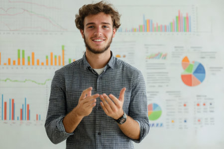A young Caucasian professional confidently presenting before a whiteboard filled with charts and graphs. His expression reflects authority and expertise, embodying the essence of a successful business leader.の素材