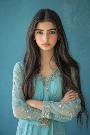 A strong teenager Arabian girl in a formal dress, arms crossed and wearing a determined look against a calming blue background, representing ambition and youth.の素材