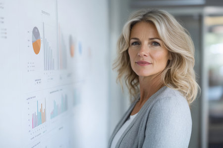 A senior Caucasian woman confidently presenting before a whiteboard filled with charts, her expression reflecting authority and professionalism. The setting emphasizes her expertise.の素材